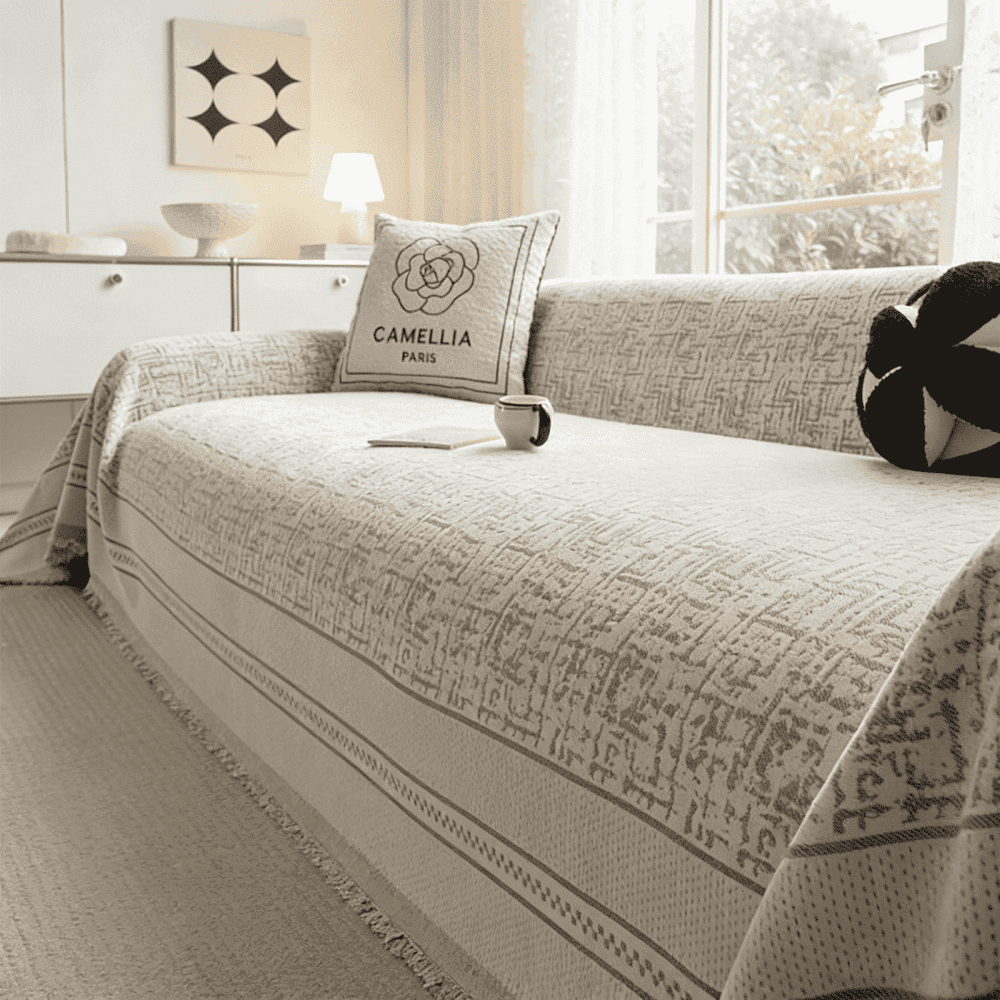 爪とぎ防止機能を持つPETTENAソファカバーのグレー。汚れや傷から守りつつ、部屋を広く見せる明るい色合いでどんなインテリアにも馴染む。