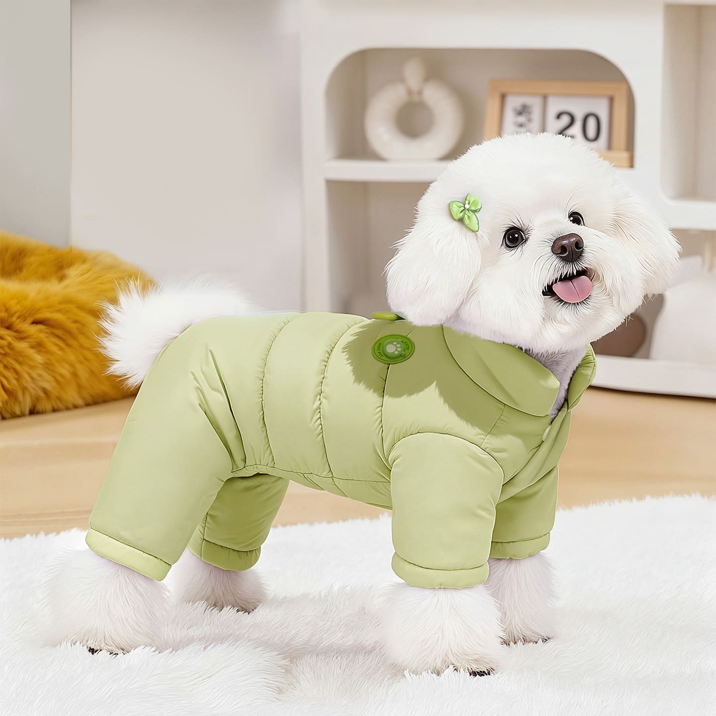 爽やかなグリーンの犬用防寒つなぎ。撥水加工された生地と内側の暖かい素材が、雪の日や寒い朝晩のお散歩でも愛犬を冷えから守る、機能的で見た目も可愛いドッグウェアです。