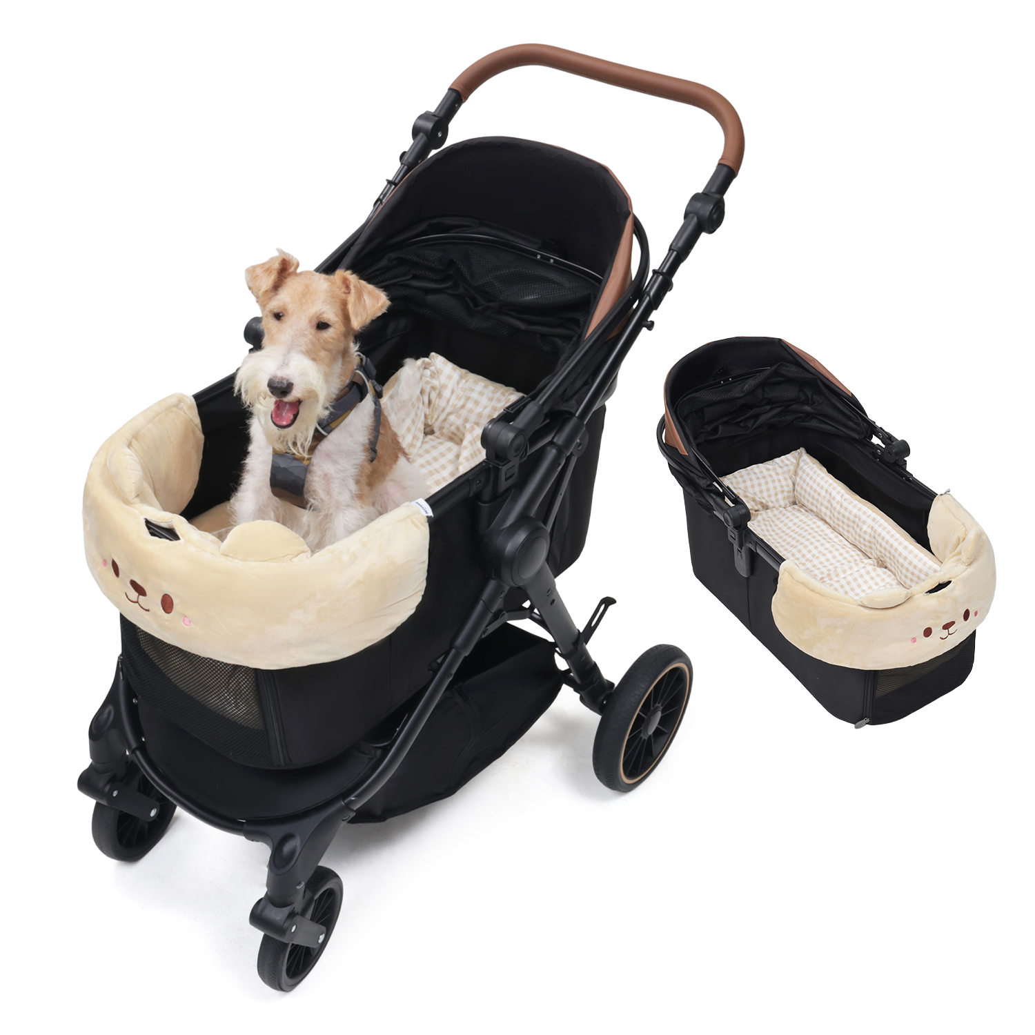 PETTENA ペットカート terra ブラックに乗った愛犬が、専用のクマ型クッションでくつろぐ様子。黒いコットと明るいクッションのコントラストが可愛らしく、厚手のマットで振動を吸収し、最高の乗り心地を提供します。横には分離型コットの内側も表示。