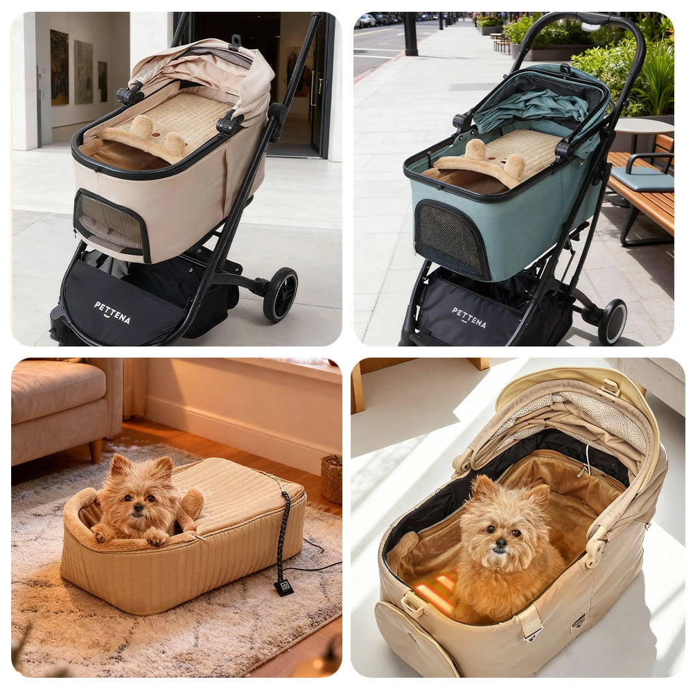 上段の外出シーンから下段の暖かな室内でのリラックスシーンまで、このクッショ一つで冬の日のあらゆるシチュエーションにおいて愛犬を寒さから守り快適な空間を提供します。