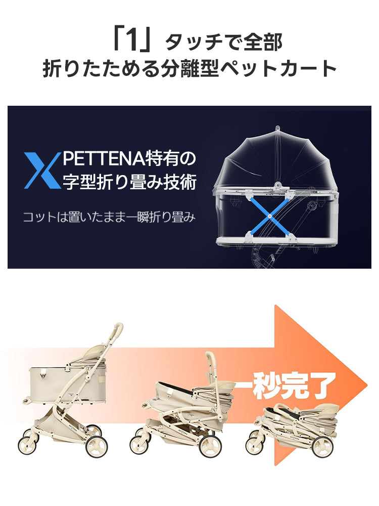 PETTENA ORIONペットカート、「1」タッチで瞬時折りたたむ!特有字型X-FOLD技術でコット置きっぱなしOK、一秒完了の超簡単設計。軽量省スペースで自立可能、多頭犬猫のお出かけに最適な分離型犬バギーです。