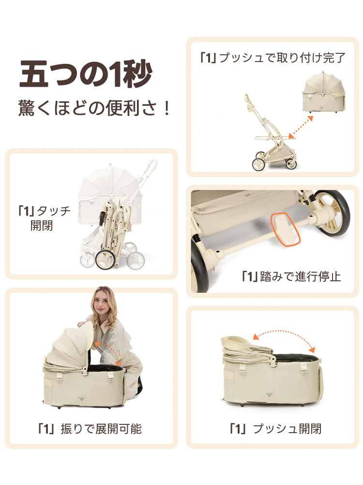 五つの1秒驚くほどの便利さ! 「1」プッシュで取り付け完了 「1」タッチ 開閉 「1」踏みで進行停止 「1」振りで展開可能 「1」プッシュ開閉