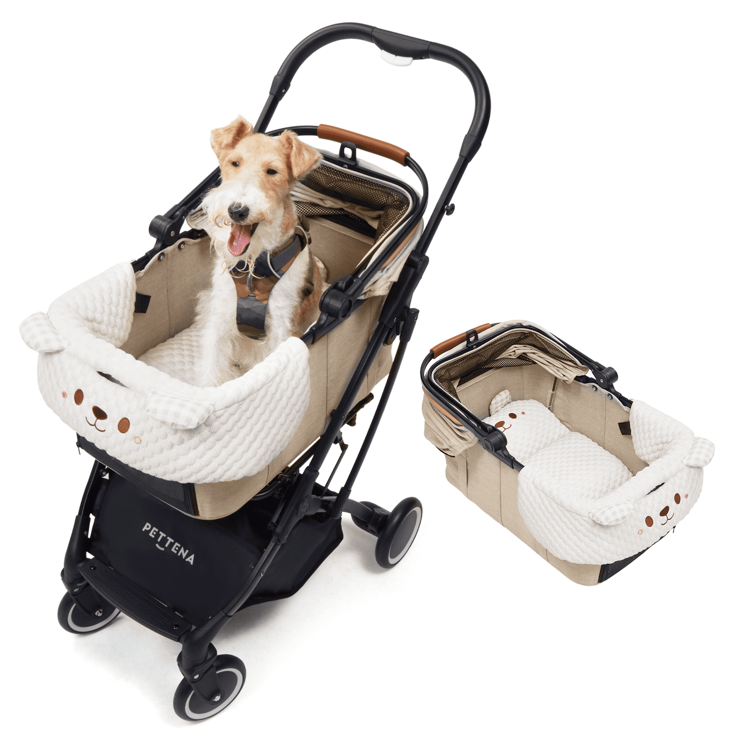 PETTENA knight ベージュのコット内でお座りする愛犬。かわいい「かわいいクマ」あごのせクッションに囲まれ、移動中もリラックスできる広くて快適な空間