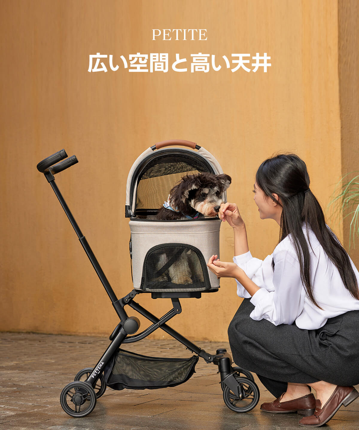 PETTENA小型犬用軽量コンパクトペットカートPETITEでのシュナウザー犬が甘えてくる様子