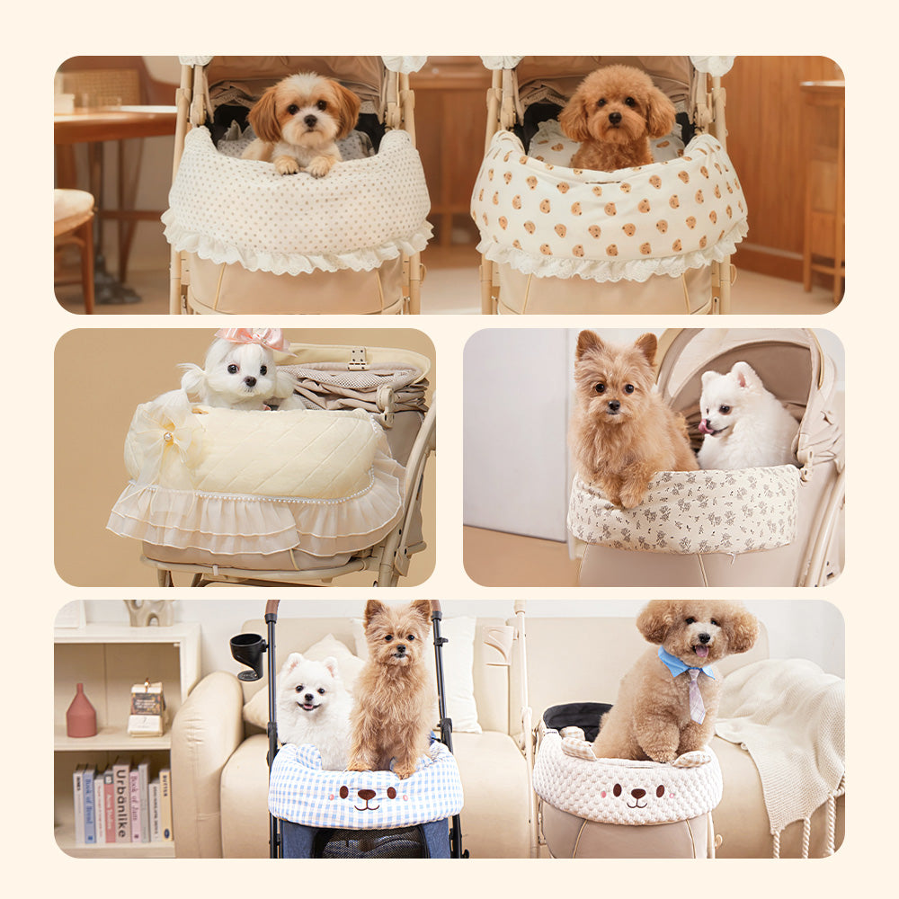 PETTENAベアプリントクッショ、 5枚の写真のコラージュ。様々な種類の小型犬が、それぞれ異なるデザインのあごのせクッションに顎を乗せて、カートから顔を出している愛らしい様子。