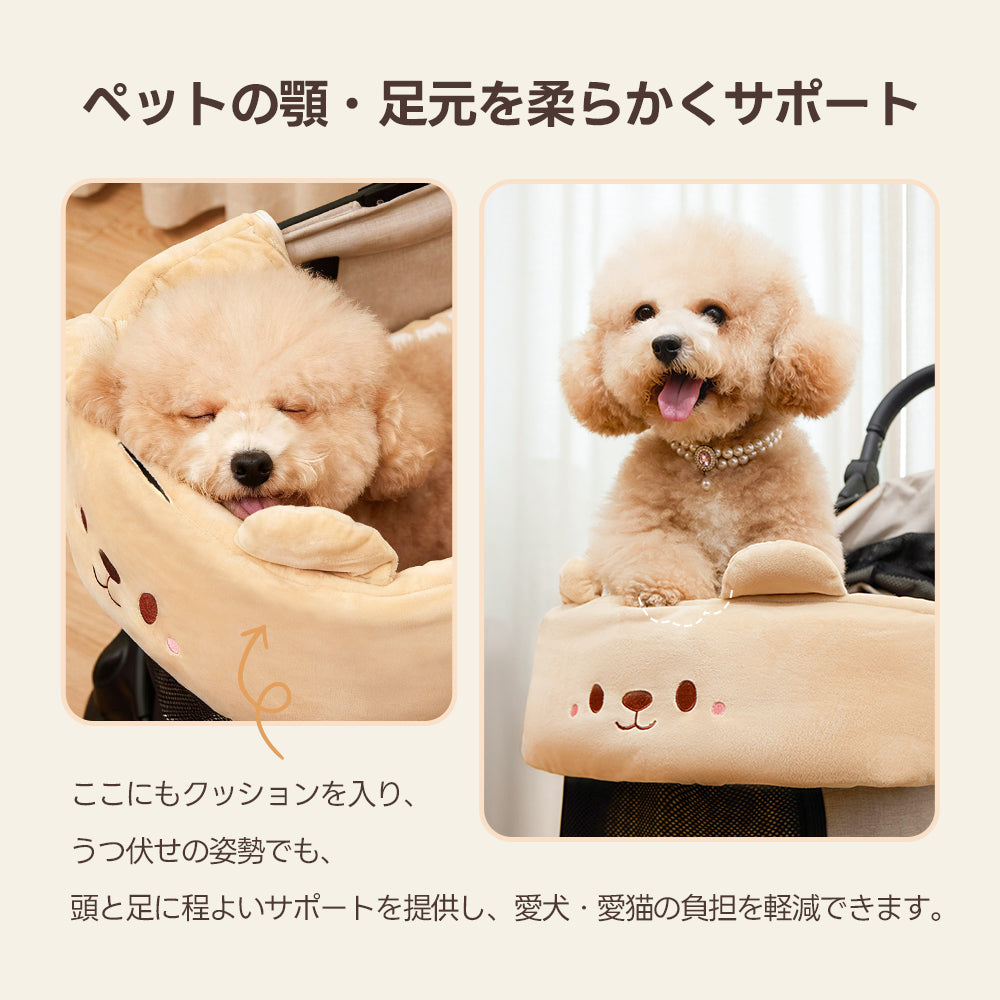 カートの縁の硬さや振動から守る。うつ伏せ時も座る時も、厚みのあるクッションが愛犬のあごや足を優しく受け止め、長時間の移動も快適にします。