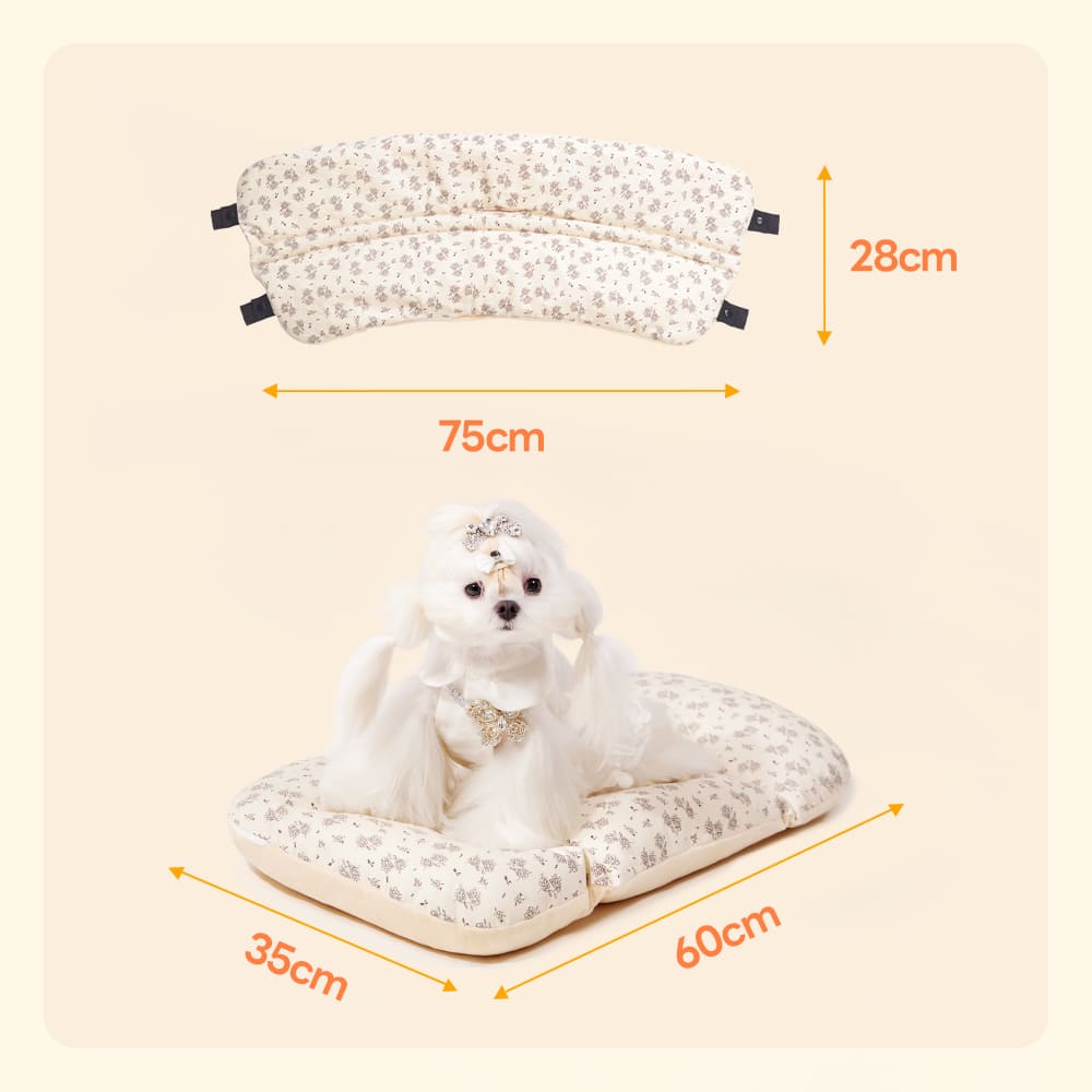 PETTENAペットカート用クッションの製品寸法図。あごのせ部分は幅75cm、座面マットは60cm×35cmです。購入前にお手持ちのカートサイズと適合するか確認できる詳細スペック情報です。