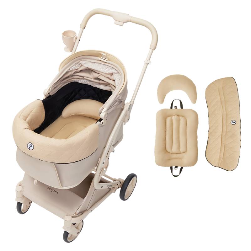 あごのせ付きPETTENA milou small saizペットカート(クリームベージュ)と「ダイヤ柄セット」。厚みのあるクッションが移動中の振動を和らげ、愛犬が安心してぐっすり眠れる極上の快適仕様。