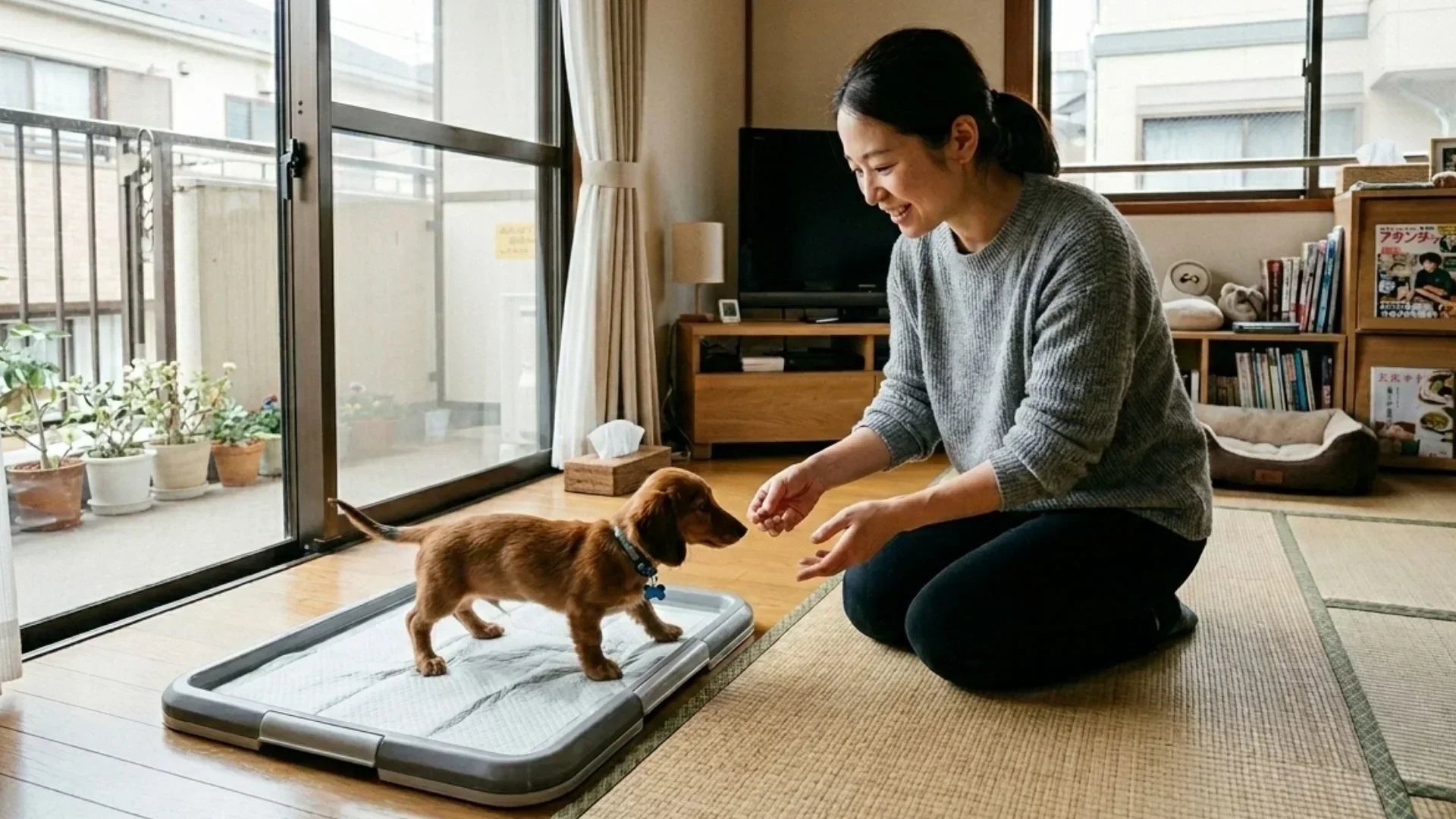 子犬のトイレトレーニングをしている様子