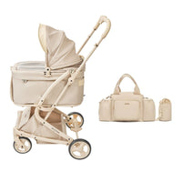 電車OKの最上級モデル、PETTENA MILOU small saizのクリームベージュ。カーキの収納バッグで荷物の負担を軽減し、愛犬と過ごす楽しいひと時をサポート。機能性とデザイン性を兼ね備え、都市部での移動をより快適にする最新型番。