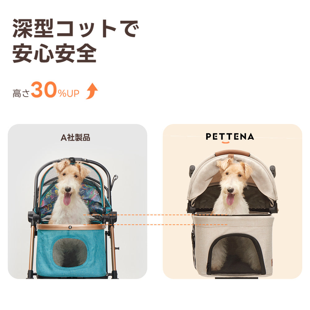 深型コットでペットの転落防止！高さが30%UP。外出先や自宅での休憩時に、ペットが安心して快適に眠れる。安全設計で、愛犬・愛猫との時間がより楽しくなります。