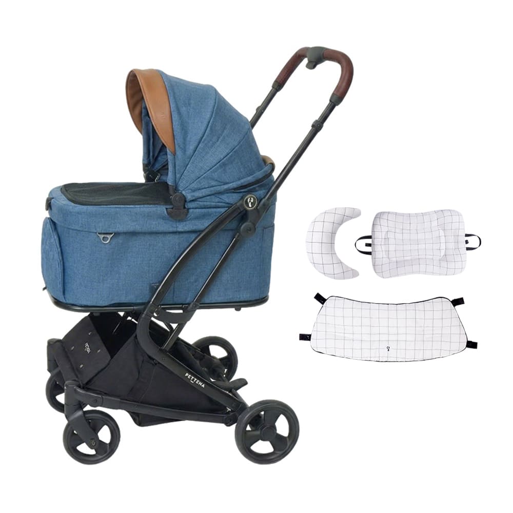 PETTENA MILOU Small saiz 電車移動中も愛犬がリラックスできる、格子柄セット付きのネイビー色ペットカート。専用電車カバーで顔出しNGルールをクリアしつつ、厚みのあるクッションで衝撃を吸収。長時間の外出でも負担が少ない、優しさに満ちた設計。