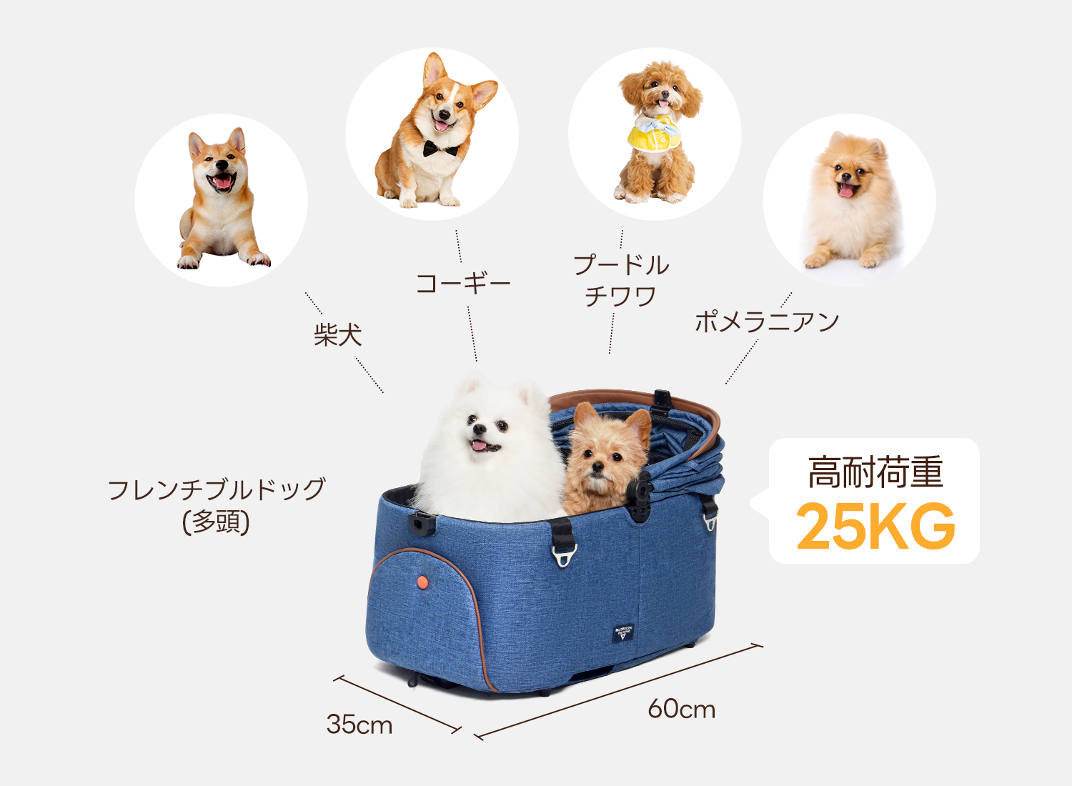 PETTENA ワンタッチ折りたたみ式分離型MILOUペットカートが対応できる犬種ー柴犬、コーギー、プードル、チワワ、ポメラニアンなど