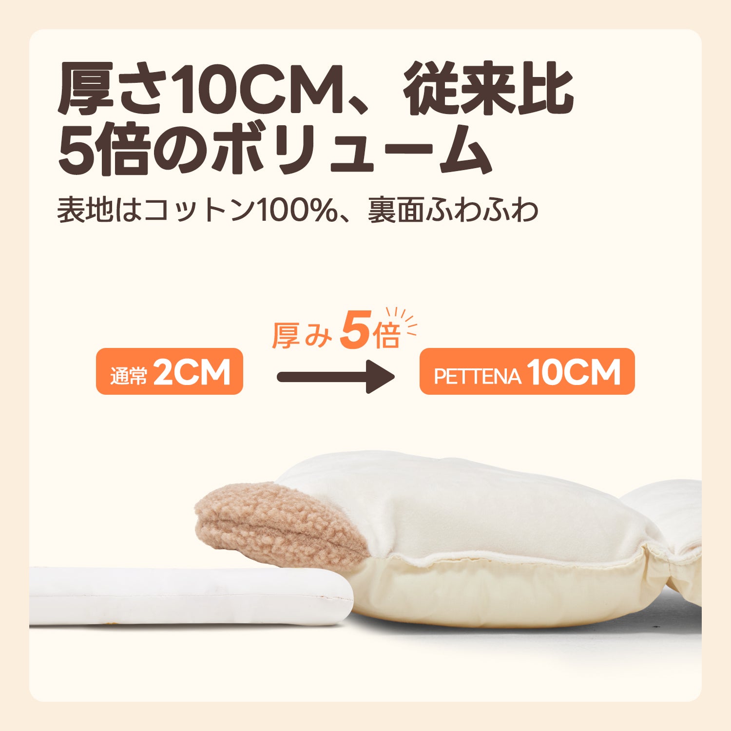 厚さ10CMで従来比5倍ボリューム、表地コットン100%＆裏面ふわふわ。愛犬の快適移動をサポート、高級感溢れるデザインで外出もおしゃれに！