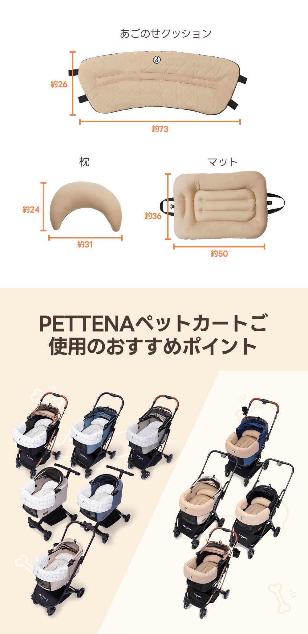 PETTENAいしゃれペットカート用クッション3点セットのサイズと装着したイメージ