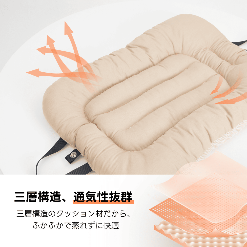 三層構造で通気性抜群、ふかふか素材で蒸れず快適。愛犬の移動中も優しくサポート、高品質設計で飼い主も安心の逸品！