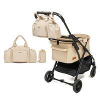 PETTENAのペットカート「NEWTON」ベージュに、同色の撥水バッグを装着した背面写真。左側にバッグ単体とポーチを配置した、製品構成を説明する白背景画像。