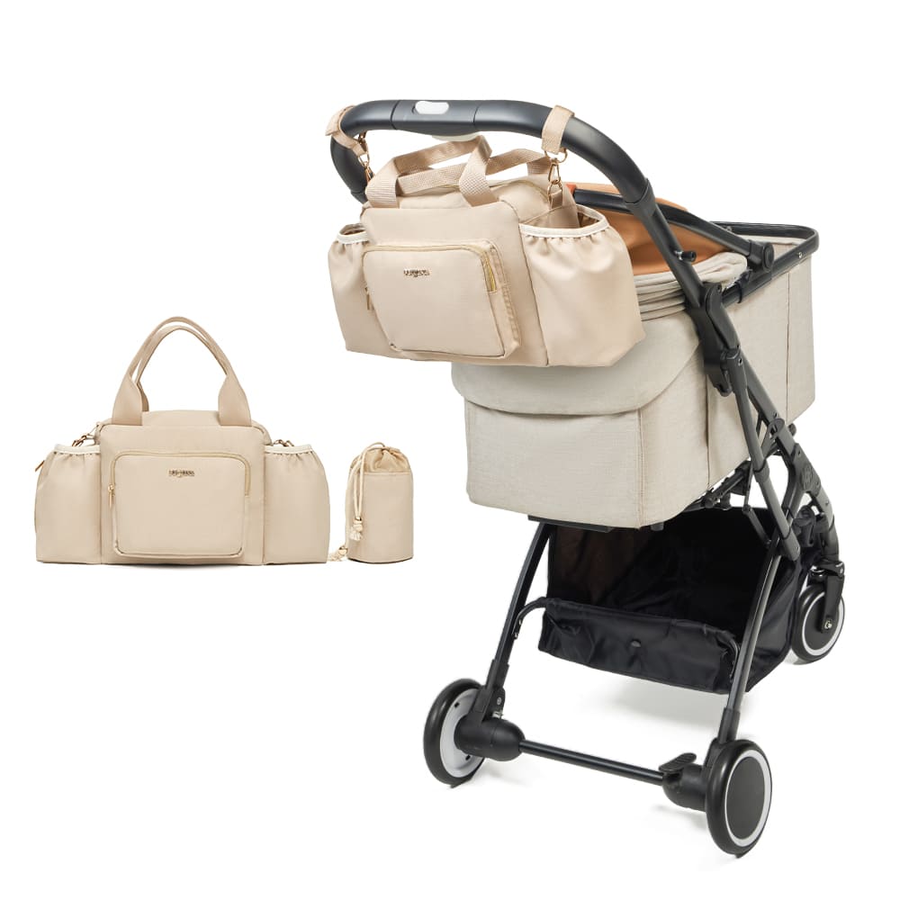  PETTENAのペットカート「KNIGHT」ベージュ色に撥水バッグを装着した背面写真。左側にバッグ単体とポーチを配置した、製品構成を説明する白背景画像。