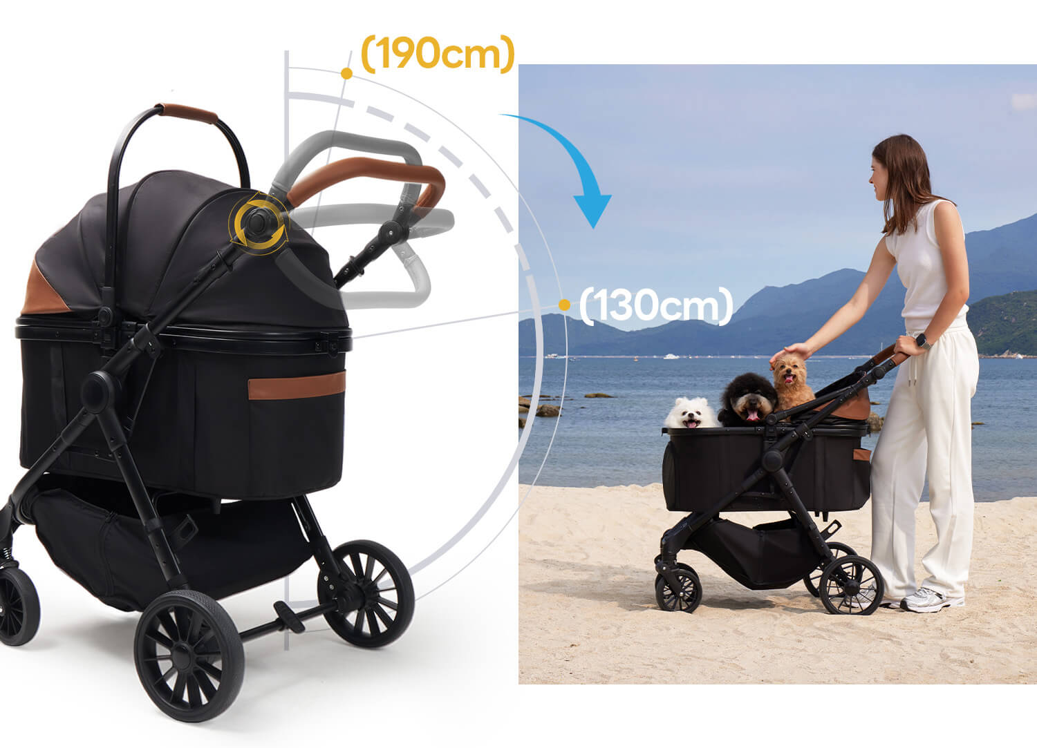 PETTENA 中型犬や多頭飼い用折りたたみ式分離型軽量ペットカート TERRAはハンドルの高さが調節可能で、家族全員がラクラクに押せる様子