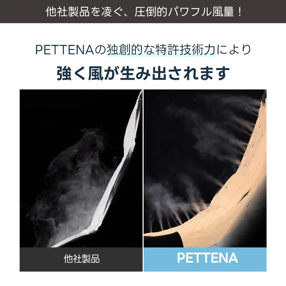 PETTENA ペットカート ファンクッション。特許技術に基づいた圧倒的にパワフルな風量の実証比較。他社製品を凌ぐ送風力を、煙を用いた視覚実験で証明。PETTENA独自の独創的な技術力が、ペットカート内の蒸れた空気を素早く入れ替え、猛暑でも高い冷却力を発揮する。