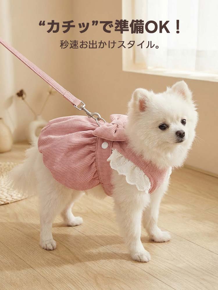 「カチッ」とリードを繋ぐだけで秒速お出かけ準備が完了する、Dカン付きの犬用ワンピース。首への負担を軽減する設計で、忙しい朝のお散歩もスムーズに。可愛さと実用性を兼ね備えた、小型犬に最適な外出用スタイル。