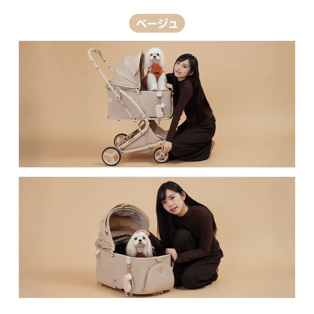 取り外し可能なコットを備えたペットカートと、手首にかけられるAirHold伸縮リードの組み合わせ。分離型カートは車への移動もスムーズで、軽量なリードはカートのフックにも装着可能。小型犬との旅行や通院、カフェ巡りなど、多目的な外出を快適にする機能的なペットギアです。