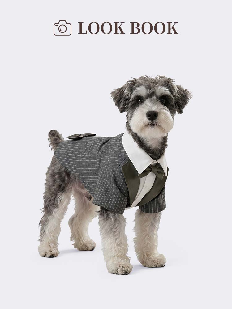 上質なコットン素材を採用した、通気性と肌触りに優れたペット用タキシードです。前開き部分にはボタンを配置し、愛犬の動きを妨げない袖の長さや立体的なカッティングを施すことで、美しさを保ちながらも着脱しやすさと着心地の良さを追求した設計です。