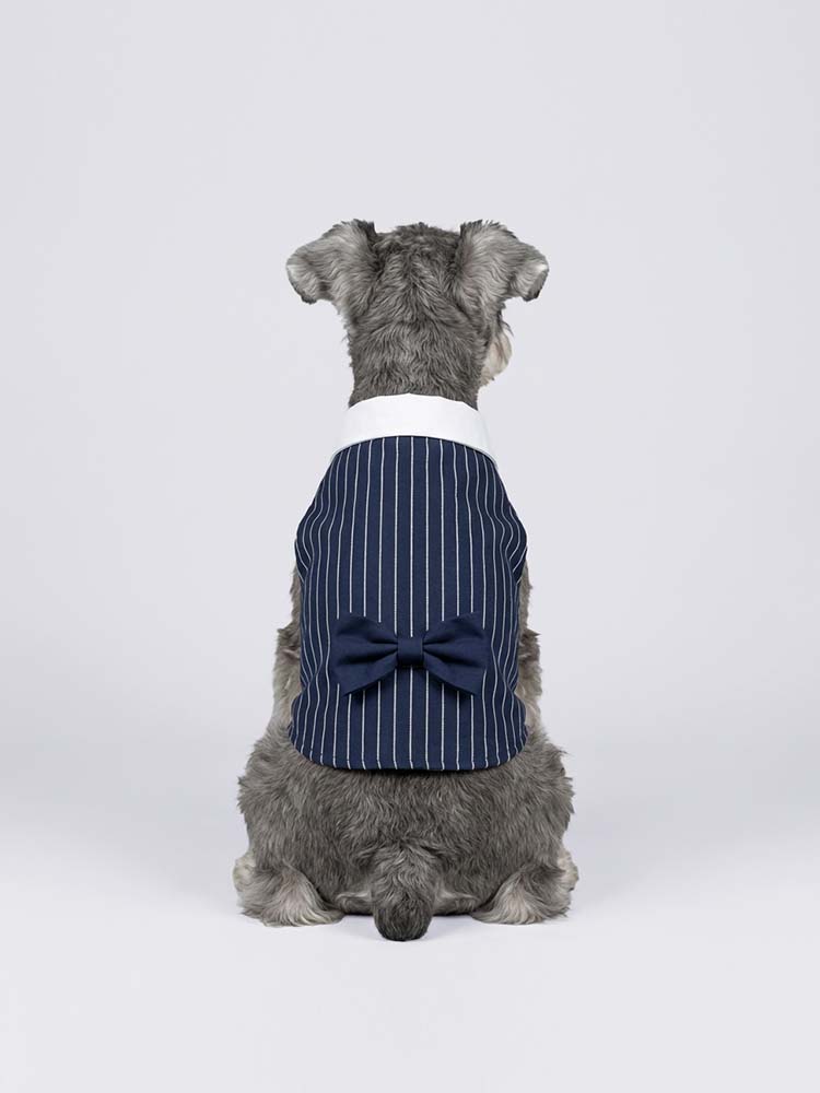 背面に施されたピンストライプ柄が縦のラインを強調し、愛犬のシルエットを美しく見せるペットウェアです。腰回りをすっきりと見せるカッティングと、上質なコットン素材の質感が、見た目の美しさだけでなく快適な着心地を両立させています。