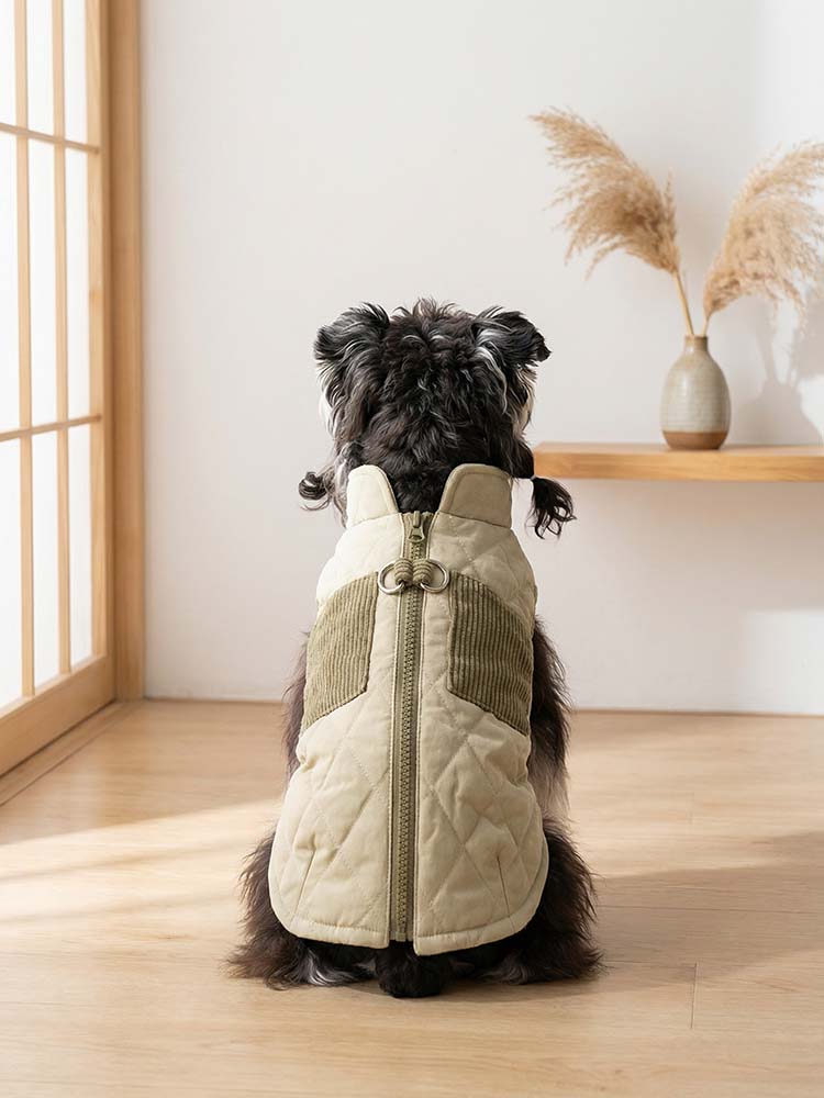 0〜10度の外気温に対応する、カーキベージュの厚手ペット用ベスト。背中のファスナーにより毛を挟まず簡単に着脱でき、ハーネス一体型のDカンがスムーズなお散歩をサポートします。和室や洋室を問わず馴染むナチュラルなカラーで、冬の室内防寒から屋外の散歩まで幅広く活躍する実用的な一着です。