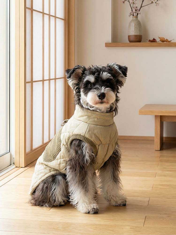 ハーネスと服が一体化したデザインにより、散歩の準備がスムーズになる防寒ベスト。厚手の生地ながら動きやすさを考慮したアームホール設計で、室内外を問わず愛犬がストレスなく暖かく過ごせるよう作られています。
