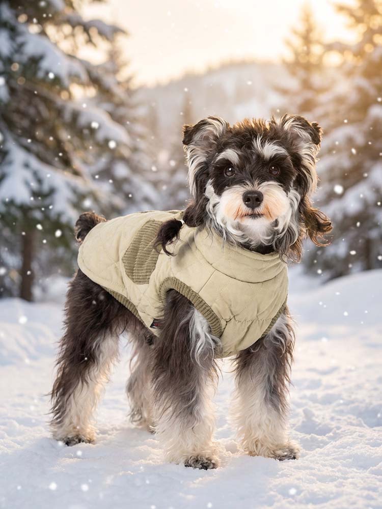 PETTENAのハーネス一体型あったか厚手ベストを着用した愛犬。防寒性に優れた裏起毛とキルティング仕様で、冬の雪山や公園でのアクティビティも快適に。着脱しやすく、寒い季節のお出かけに最適な一着です。