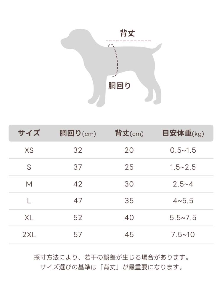 小型犬用デニムベストのサイズ表。XSから2XLまでの胴回り、背丈、目安体重の数値を一覧で掲載。犬のシルエット図を用いて、計測部位の背丈と胴回りを分かりやすく解説している、購入前の確認に必須なガイド画像。