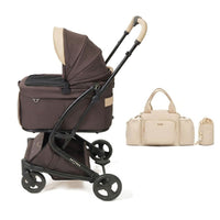 電車OKの最上級モデル、PETTENA MILOU small saizのココアモカ。カーキの収納バッグで荷物の負担を軽減し、愛犬と過ごす楽しいひと時をサポート。機能性とデザイン性を兼ね備え、都市部での移動をより快適にする最新型番。