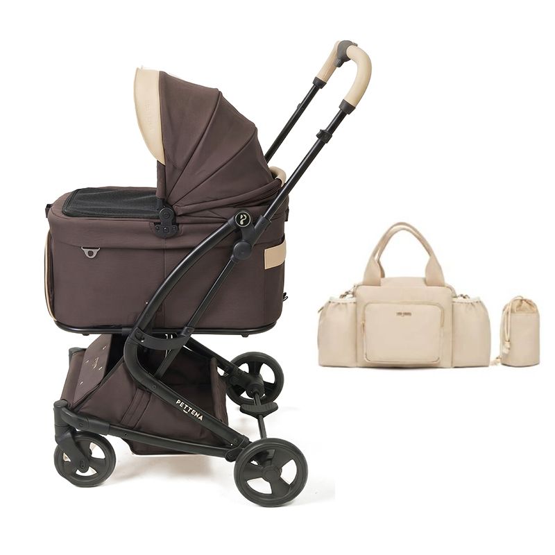 電車OKの最上級モデル、PETTENA MILOU small saizのココアモカ。カーキの収納バッグで荷物の負担を軽減し、愛犬と過ごす楽しいひと時をサポート。機能性とデザイン性を兼ね備え、都市部での移動をより快適にする最新型番。
