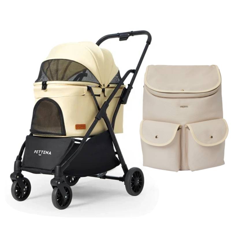 PETTENAのHIYORIリュックとお揃いのペットカートNEWTON（ベージュ）。統一感あるデザインで、愛犬との外出をより快適でお洒落に演出します。