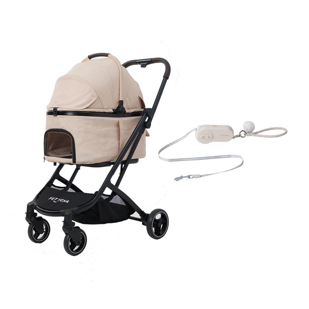 PETTENAの人気ペットカートOrion（あごのせ付き）とAirHold伸縮リード。10kgまでの小型犬に対応し、高強度ナイロン織りテープやステンレス製スプリングなど、耐久性に優れた素材を採用しています。ミント（/ブラック/カーキ）とベージュのニュアンスカラーが、飼い主様のファッションにも自然に馴染みます。