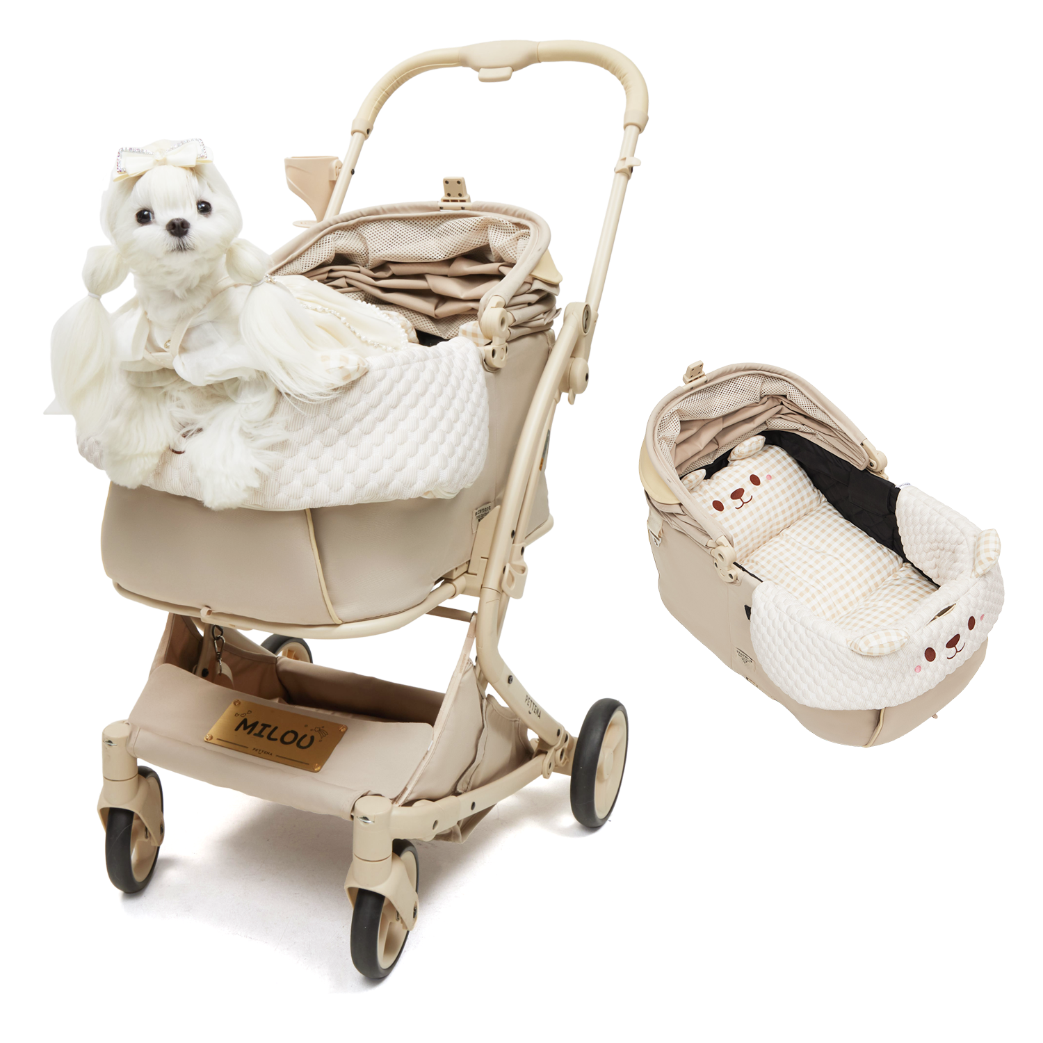 ペットカートMILOU クリームベージュ + かわいいクマ2点セット