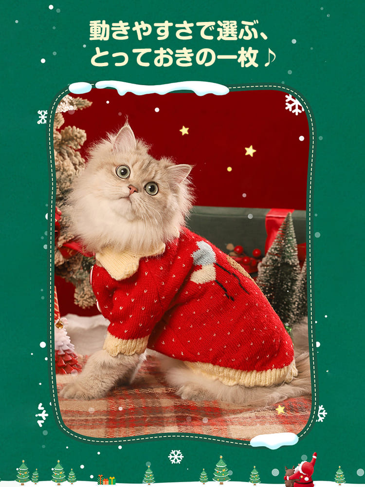 愛猫にとっておきの一枚を。動きやすさとデザイン性を両立したペッテナのクリスマスウェアは、初めて服を着る猫ちゃんにもおすすめです。