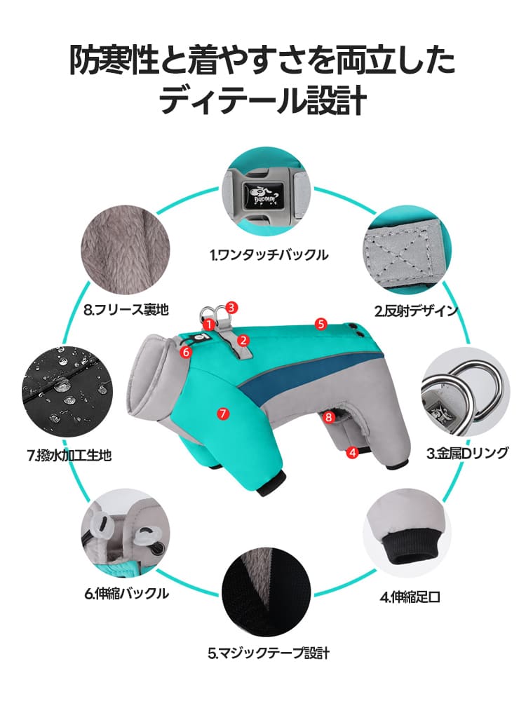 防寒性と着やすさを両立したディテール設計。雨雪に強い撥水加工や、着脱が簡単な背中のマジックテープなど、愛犬と飼い主の負担を減らす機能が満載です。