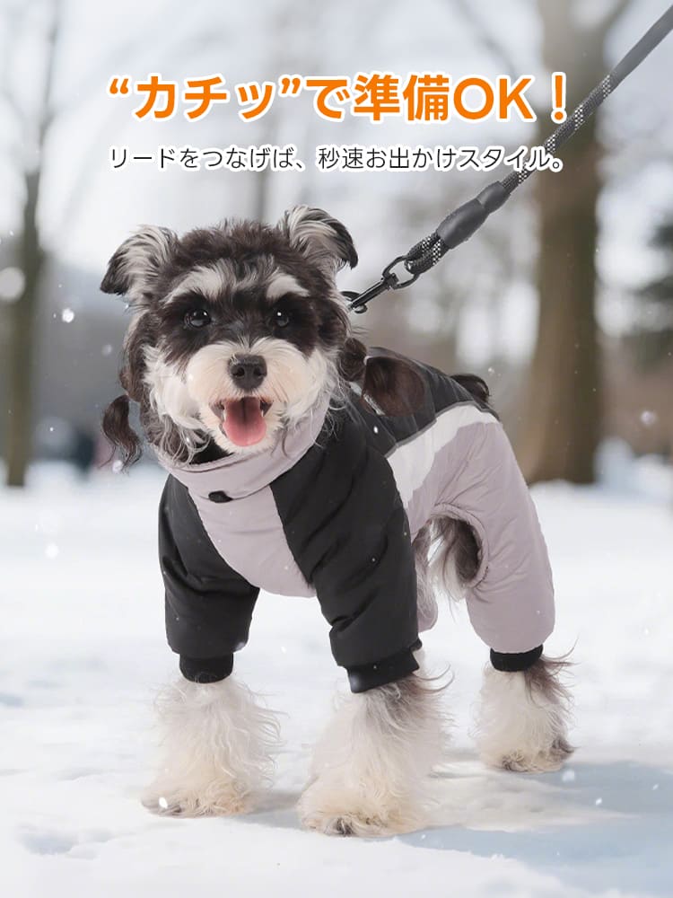 カチッで準備OKなハーネス一体型防寒ウェア。重ね着の手間を省き、リードを繋げば秒速でお出かけできるため、愛犬を待たせずスムーズに散歩を開始できます。