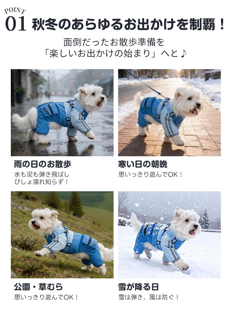 青いレインロンパースを着た白い犬が、雨の日や雪道、公園の芝生を元気に走る様子。秋冬のあらゆる天候に対応するフルカバーデザインの犬服