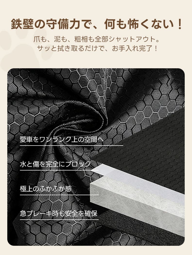  爪の傷や泥、浸水を防ぐ多層構造のペット用ドライブシート。表面のハニカム生地が汚れを徹底ブロックし、厚手クッションが急ブレーキ時の衝撃を吸収して愛犬の安全を守ります。