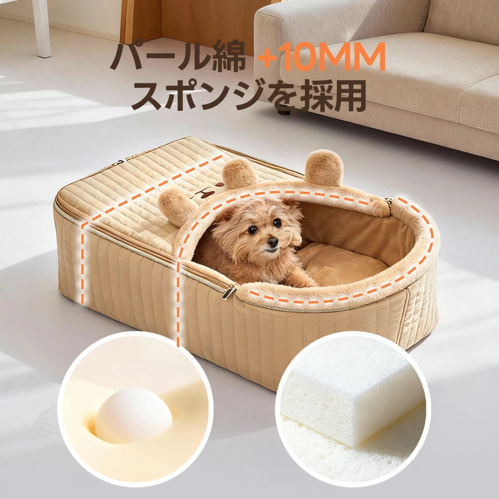 拡大画像で示されている弾力のある白いパール綿と分厚い10mmスポンジの組み合わせは、保温性とクッション性を最大化するためのこだわり抜いた内部設計です。