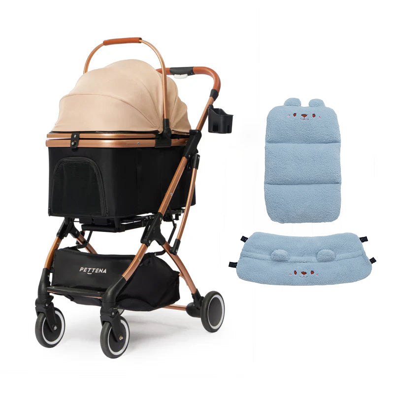 PETTENA knight　ブラックのペットベビーカーにブルークマ柄ふわふわセット。優しい肌触りの保温素材がペットの体温を快適に保ち、長時間の散歩でもリラックスした状態をサポートする快適設計です。