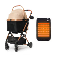 PETTENA knightペットカート（ブラックゴールド）と「ペット用ホットカーペット」。底面から温めるヒーター機能で冬の寒さを解消。上質なデザインとポカポカの暖かさで、愛犬が安心してくつろげる快適なお出かけセット。