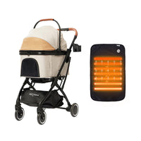 PETTENA knightペットカート（ベージュ）と「ペット用ホットカーペット」。底面から温めるヒーター機能で冬の寒さを解消。上質なデザインとポカポカの暖かさで、愛犬が安心してくつろげる快適なお出かけセット。