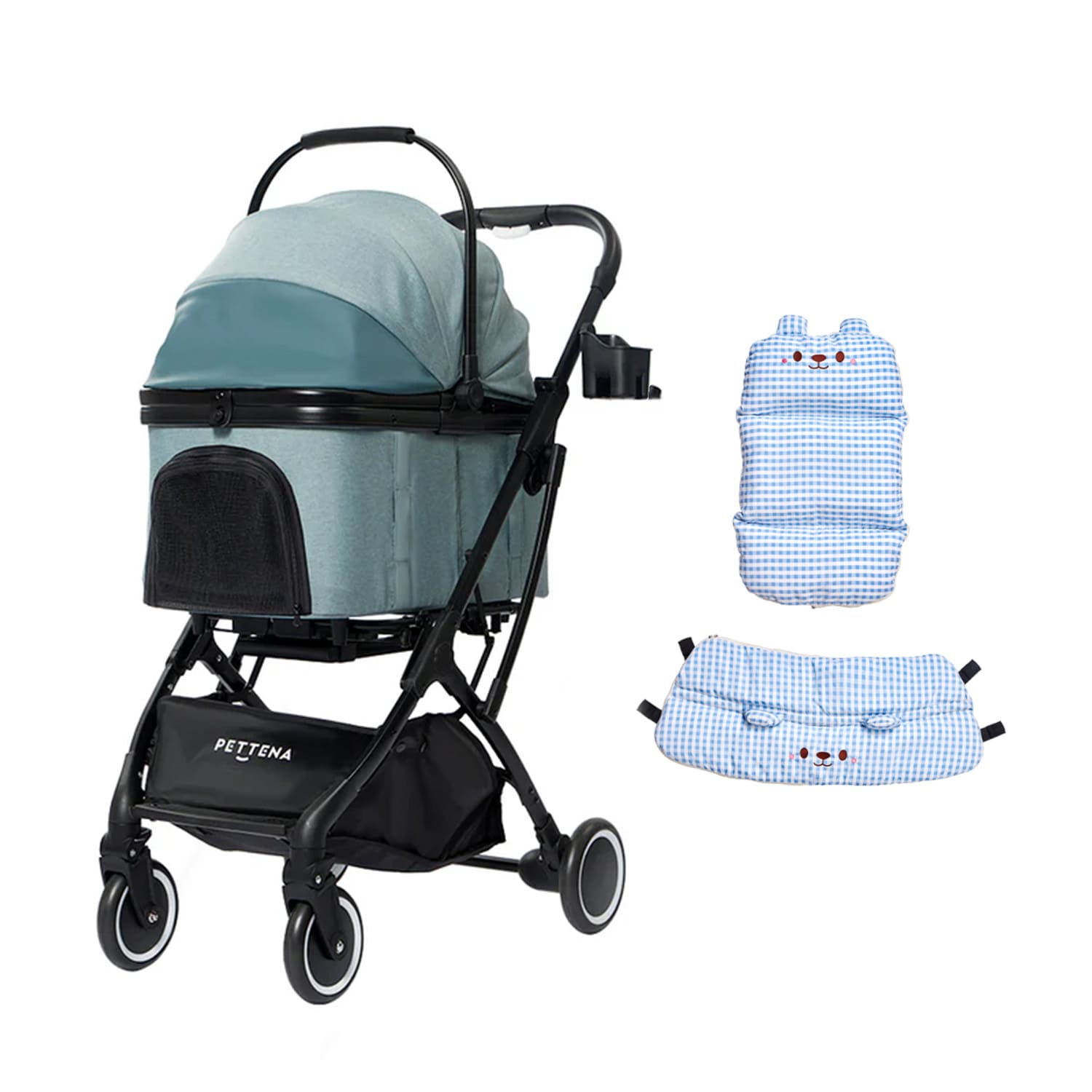 PETTENA knight ペットカート ミントブルーと「かわいいクマ」ブルーセット。爽やかなギンガムチェック柄のマットと、立体感あるワッフル生地のあごのせカバーの全体図。清潔感と愛らしさを兼ね備えたバギー。