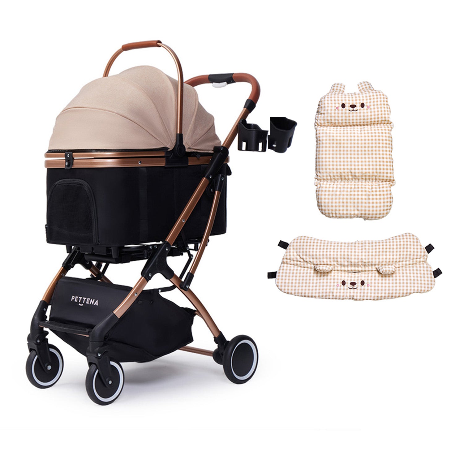 PETTENA Knight ペットカート本体と、カーキチェックのクマ付き保温マット・あごのせ枕のセット内容。冬の寒さから愛犬を守る、取り外し可能で衛生的な内装アクセサリーの詳細。