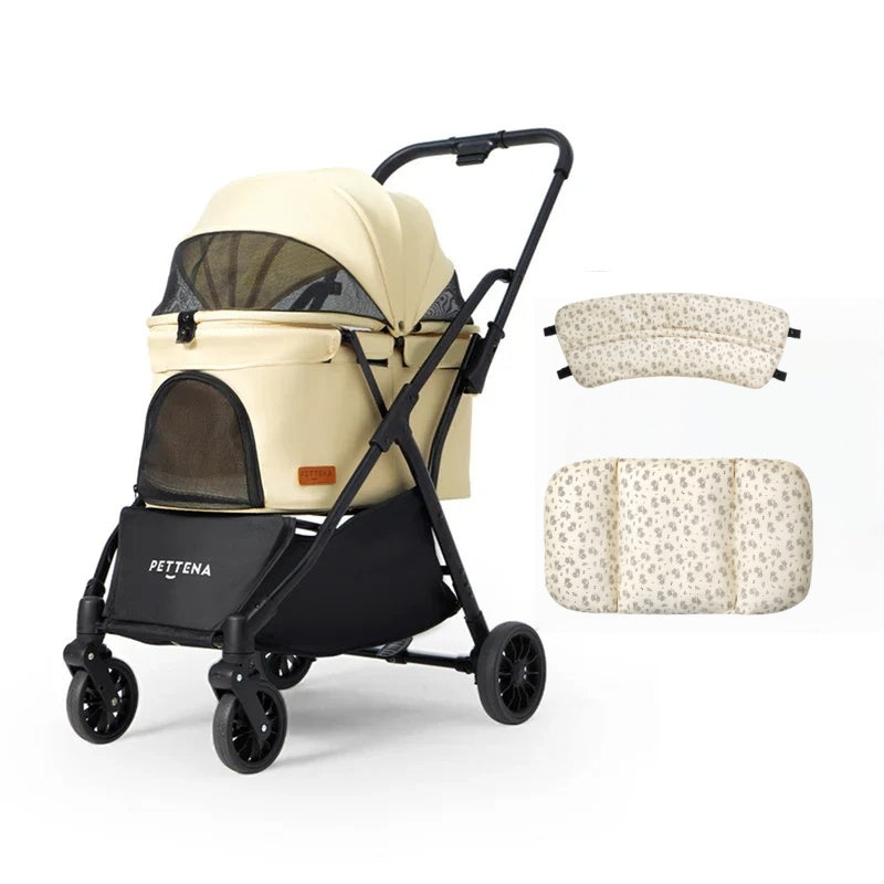 ペットカート ベージュ折りたたみ式 軽量ペットカート｜片手ワンタッチ折りたたみ可能！小型犬・猫対応の