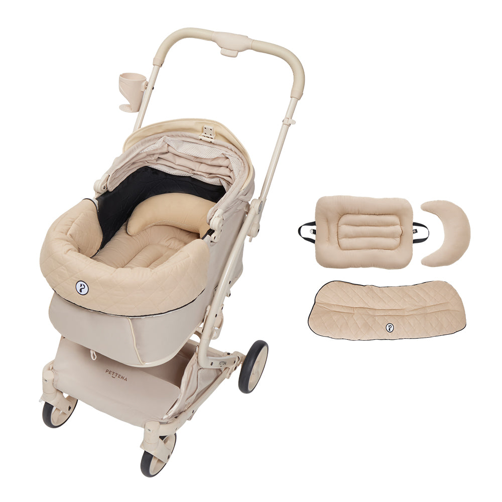 PETTENA milou（クリームベージュ）と、ダイヤ柄キルティング素材のクッション3点セット。あごのせバンパーカバー、ふかふかのマット、そして首元を支える枕が付属。愛犬の移動時間を上質で快適なものにする充実のセット内容。